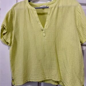 Lucky Brand Lime Yellow Short Sleeve V Neck Popover Woven Gauze Blouse
